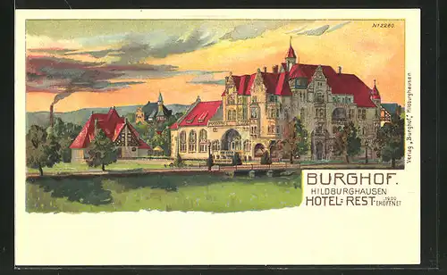 Lithographie Hildburghausen, Hotel-Restaurant Burghof im Abendlicht