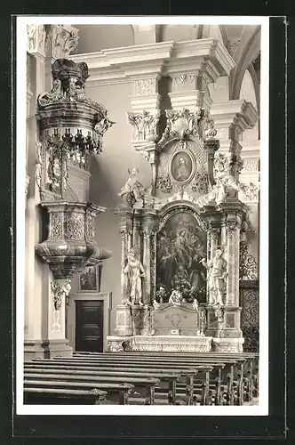 AK St. Peter / Schwarzwald, Klosterkirche, Herz-Maria-Altar und Kanzel, Innenansicht