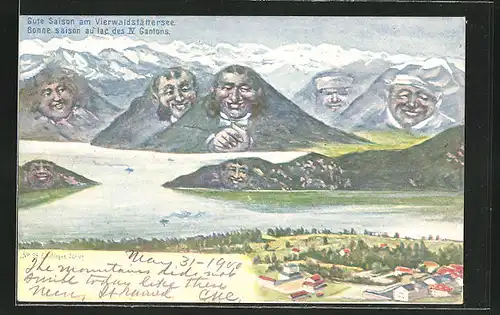 Künstler-AK Ernst Schlemo, Killinger Nr. 98: Vierwaldstättersee mit Bergpanorama, Berg mit Gesicht / Berggesichter