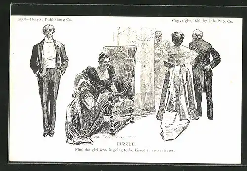 Künstler-AK Charles Dana Gibson: Puzzle, Finde die Dame die in zwei Minuten geküsst wird