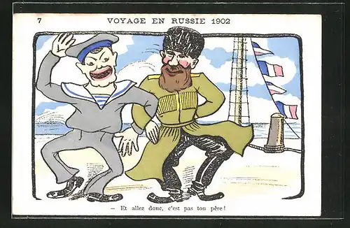 AK Voyage en Russie 1902, Karikatur eines russischen und japanischen Soldaten