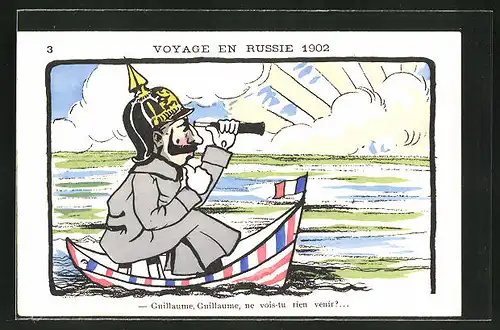 AK Voyage en Russie 1902, Kaiser Wilhelm II. im Boot auf hoher See, Karikatur