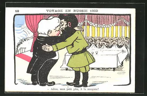 Künstler-AK Voyage en Russie 1902, "Adieu, mon petit père...", Karikatur des Zaren Nikolaus II. von Russland