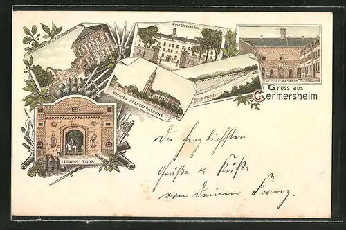 Lithographie Germersheim, Seyssel-Kaserne, Ludwigs Thor, Kommandantur, Kirche und Klosterkaserne, Zoller Kaserne
