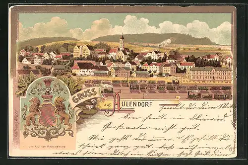Lithographie Aulendorf, Gräfliches Wappen und Panorama