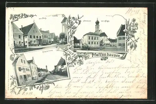 AK Pfaffenhausen, Hauptstrasse, am Platz, Schulhaus mit Kirche