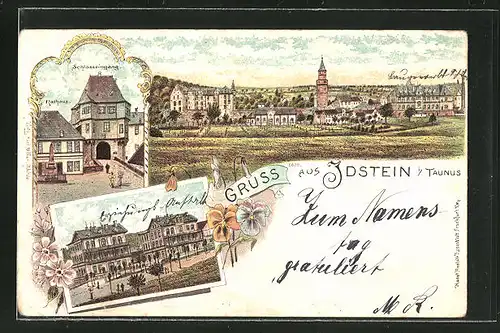 Lithographie Idstein i/Taunus, Schlosseingang, Ortspartie und Panorama