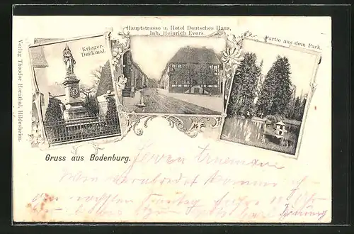 AK Bodenburg, Hauptstrasse und Hotel Deutsches Haus, Inh. Heinrich Evers, Denkmal