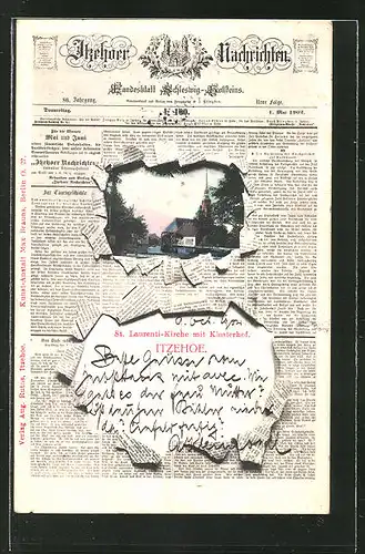Zeitungs-AK Itzehoe, Titelblatt der Zeitung "Itzehoer Nachrichten", St. Laurenti-Kirche