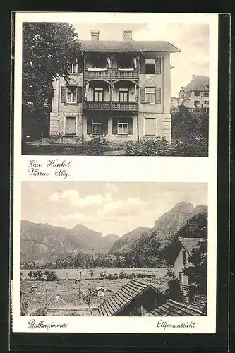 AK Füssen / Allg., Hotel-Pension Haus Kunkel, Alpenaussicht vom Balkonzimmer