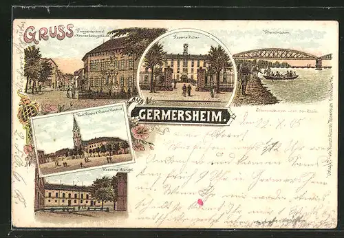 Lithographie Germersheim, Kaserne Stengel, Kaserne Zoller. Kriegerdenkmal und Kommandanturgebäude