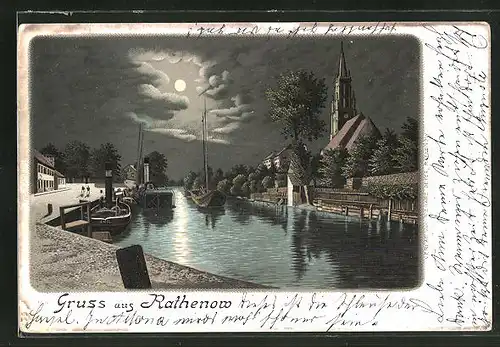 Mondschein-Lithographie Rathenow, Anlegestelle mit Dampfer, Blick zur Kirche