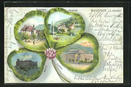 Passepartout-Lithographie Neustadt a. d. Haardt, Kleeblatt mit Saalbau, Maxburg, Königsmühle