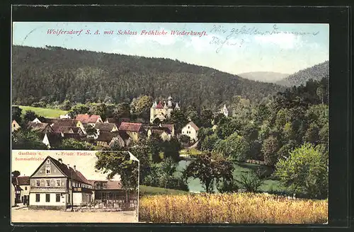 AK Wolfersdorf S. A., Ortsansicht mit Schloss Fröhliche Wiederkunft, Gasthaus u. Sommerfrische