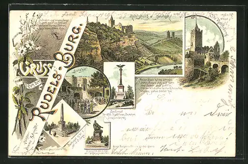 Lithographie Rudelsburg, Borghof, Rudelsburg u. Saaleck, Denkmal der 1870-71 gefallenen deutschen Corpsstudenten