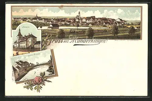 Lithographie Munderkingen, Hospital, Donau-Brücke, Panoramablick auf den Ort