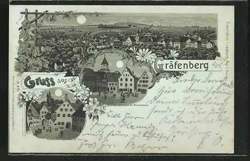 Mondschein-Lithographie Gräfenberg, Wolfsbergerschloss am Marktplatz, Rathaus und Egloffsteiner Thor