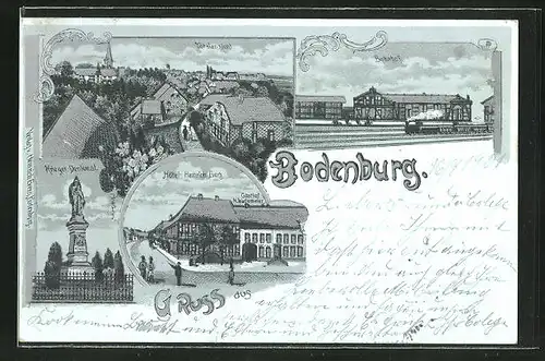 Mondschein-Lithographie Bodenburg, Hotel Heinrich Evers, Bahnhof, Kriegerdenkmal