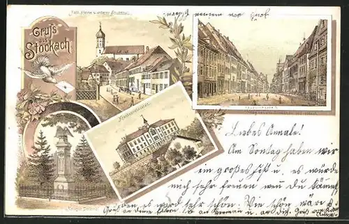 Lithographie Stockach, Hauptstrasse, Kath. Kirche, Krankenheilanstalt