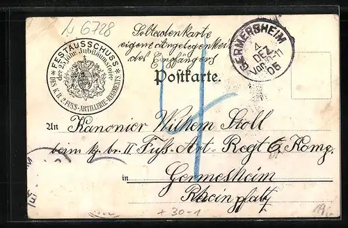 Lithographie Germersheim, Regiments-Jubiläum d. k. b. 2. Fuss Artl. Regts., Kaserne Stengel, General-Major Millauer
