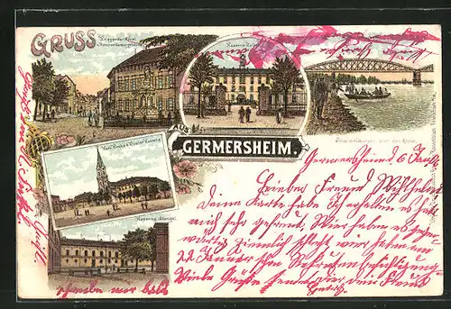 Lithographie Germersheim, Kaserne Stengel, kath. Kirche & Kloster Kaserne, Kaserne Zoller und Rheinbrücke