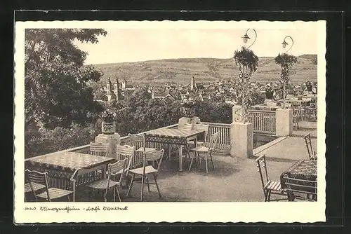AK Bad Mergentheim, Terrasse vom Cafe Waldblick mit Blick zum Ort