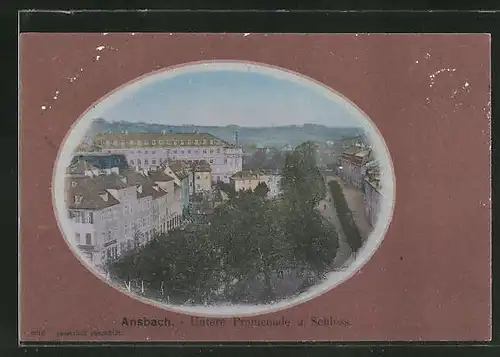 AK Ansbach, Untere Promenade mit Schloss im Passepartout