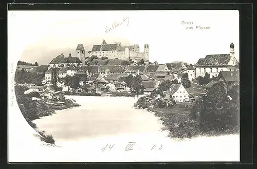 AK Füssen, Ortspartie mit Schloss am Fluss