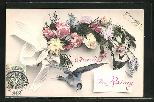 AK Le Rainey, hübsches Blumengebinde mit kleinem Vogel