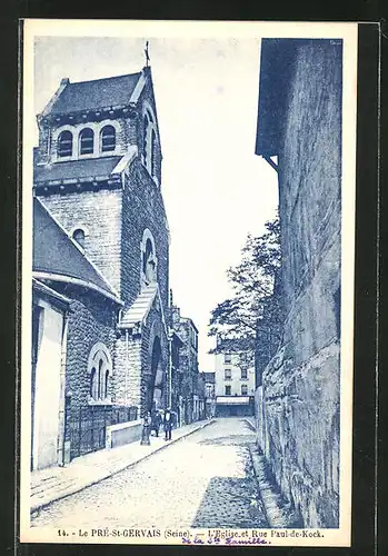 AK Le Pré-St-Gervais, L'Eglise et Rue Paul-de-Kock