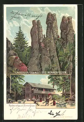 Künstler-AK Schwenke Ser. 5 Nr. 2: Jonsdorf, Berg-Restaurant Nonnenfelsen, Berg mit Gesicht / Berggesichter