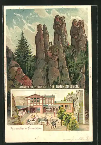 Künstler-AK Schwenke Ser. 5 Nr. 2: Jonsdorf, Berg-Restaurant Nonnenfelsen, Nonnefelsen, Berg mit Gesicht / Berggesichter