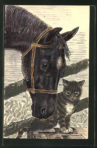 Künstler-AK Handgemalt: Tierfreundschaft zwischen Pferd und Katze
