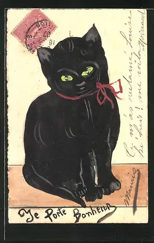 Künstler-AK Handgemalt: Schwarze Katze mit roter Schleife um den Hals