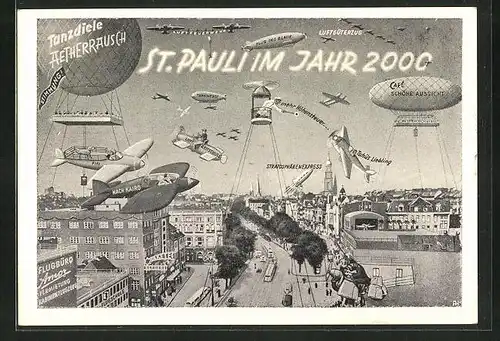 AK Hamburg-St. Pauli, Zukunftsbild des Stadtteils im Jahr 2000, Ballone und Zeppeline über der Stadt