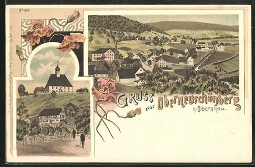 Lithographie Oberneuschönberg, Strassenpartie mit Blick zur Kirche, Teilansicht vom Ort