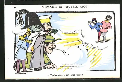 AK "Voyage en Russie 1902", Karikaturen von Kaiser Franz Josef I. von Österreich und Kaiser Wilhelm II.
