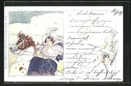 Künstler-AK Philipp + Kramer: Jägerin mit Hut auf einem Pferd und Tauben