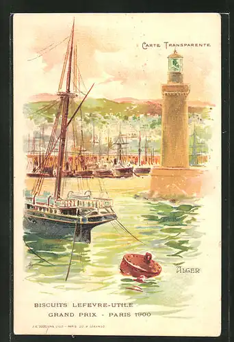 Lithographie Alger, Leuchtturm am Hafen, Halt gegen das Licht: Reklame für Kekse "Gaufrettes"