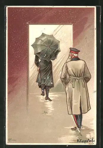 Präge-Lithographie "Ah", Soldat in Uniform bei Regenwetter mit Dame und Schirm