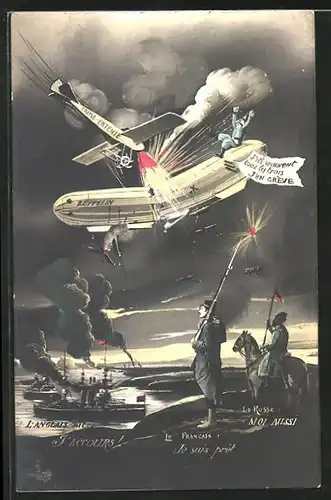 AK Flugzeug "Triple Entente" zerstört Zeppelin