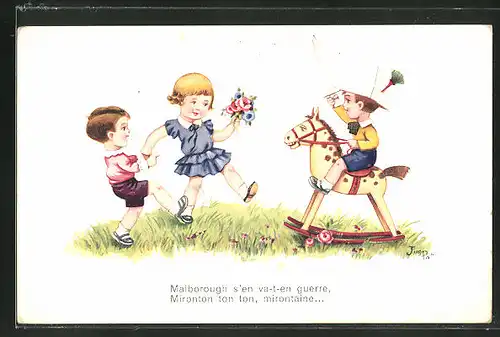 Künstler-AK sign. Jim Palt: Kleiner Junge mit Papierhut und Spielzeugpferd mit anderen Kindern