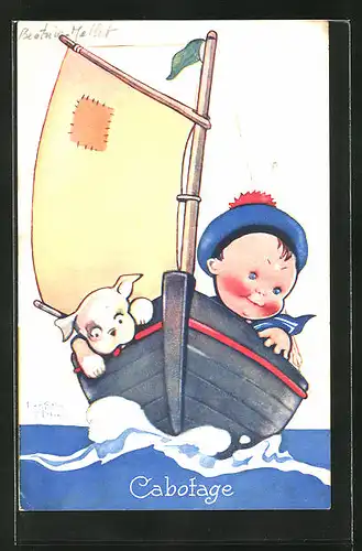 Künstler-AK Beatrice Mallet: Kind mit Hund in einem Segelboot