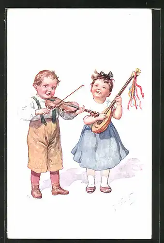 Künstler-AK Karl Feiertag: Kinderpaar musiziert mit Laute und Geige