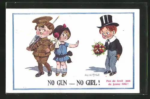 Künstler-AK Donald McGill: Mädchen mit Soldaten, Bräutigam mit Blumen