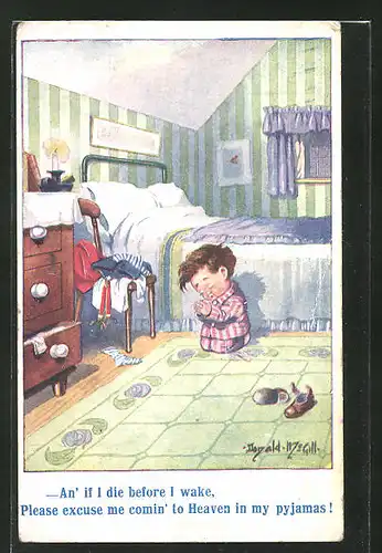 Künstler-AK Donald McGill: kleiner Junge beim Beten vor dem Bett