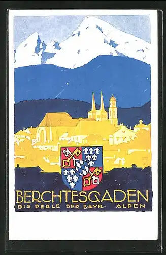 Künstler-AK Ludwig Hohlwein: Berchtesgaden, Ortsansicht mit Wappen und Alpen im Hintergrund