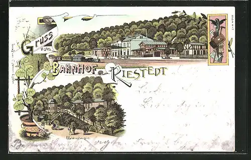 Lithographie Riestedt, Bahnhof und Waldrestaurant