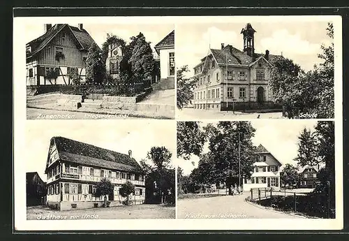AK Zusenhofen, Gasthaus zur Linde, Kaufhaus Lebfromm, Schule, Kriegerdenkmal