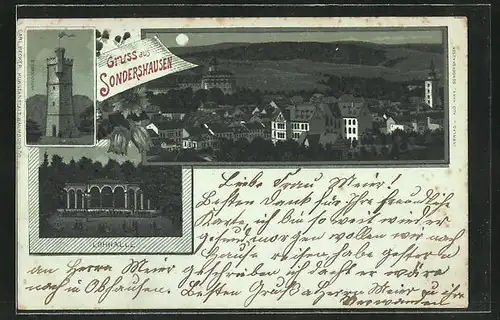 Mondschein-Lithographie Sondershausen, Lohhalle, Bismarckturm, Ortsansicht
